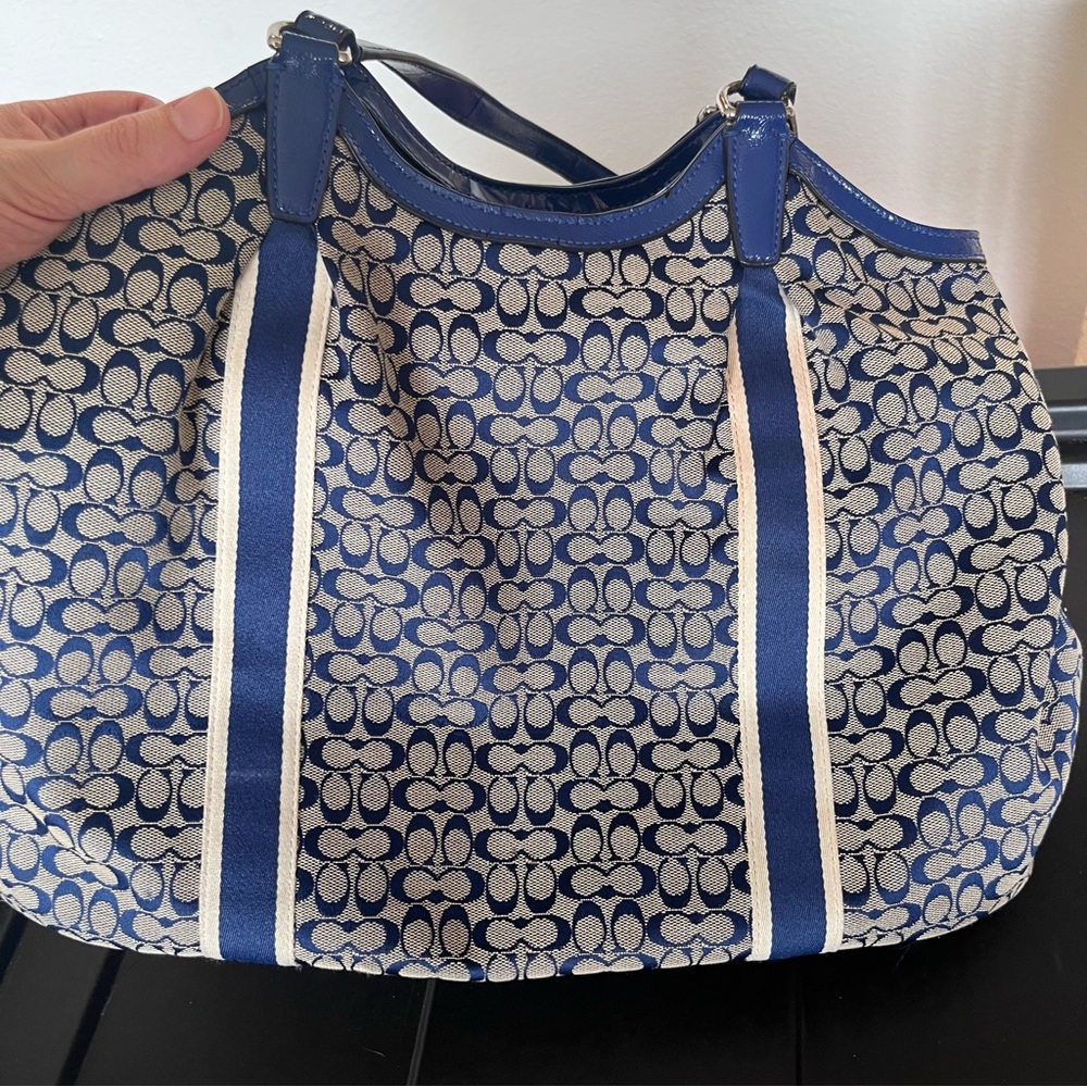 Coach Signature Stripe Navy Blue Devin Shoulder Bag Jacquard 6cm F28624